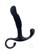 OptiMALE Ribbed Silicone Prostate Massager Black with contoured shape and ribbed design for targeted stimulation.