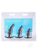 Mood Naughty Beaded Trainer Silicone Anal Plug Set Black showcased in packaging with three graduated plugs.