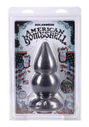American Bombshell Double Payload Anal Plug Gun Metal packaging with bold graphics and sleek design.