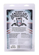 Packaging for American Bombshell Double Payload Anal Plug Gun Metal featuring detailed design and usage instructions.