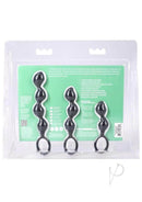 Mood Naughty Contour Beads Trainer Silicone Anal Plug Set Black in packaging displaying three graduated anal plugs.