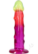 Crystal Jellies Dildo 7.5 inch Rainbow showcasing a vibrant, multi-colored design with a classic shape and textured details.