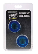 Rock Solid Double Pack Cock Rings Blue displayed in packaging, featuring two blue stretchable rings for secure fit.