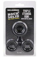 Rock Solid Silicone Triple Stamina Cock Ring with Metal Beads packaging showcasing triple ring design and metal beads.