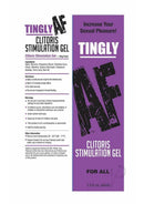 Tingly AF Clitoral Stimulation Gel 1.5 Oz packaging showcasing ingredients and directions for use.