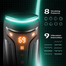 Dyso Impulsion Thrusting Vibrating Male Masturbator display showing 8 stroking patterns and 9 vibration intensities.