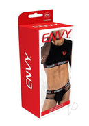 Envy Menswear Heartbreaker Mesh Crop Top and Briefs Black packaging showcasing bold design and style.
