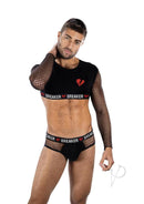 Envy Menswear Heartbreaker Mesh Crop Top and Briefs Black worn by a model showcasing its bold, edgy style.