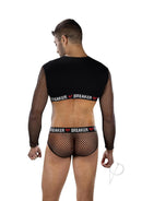 Envy Menswear Heartbreaker Mesh Crop Top and Briefs Black showcased on male model from the back, featuring mesh design.