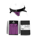 SpareParts Joque Double Strap Harness Purple Size A displayed on a model with packaging.