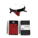 SpareParts Joque Double Strap Harness Red Size B displayed on a mannequin with packaging.