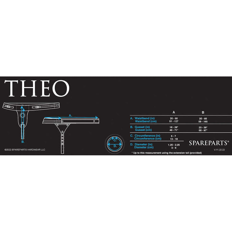 Size chart for SpareParts Theo Single Strap Harness Black Size B with measurements for waist and circumference.