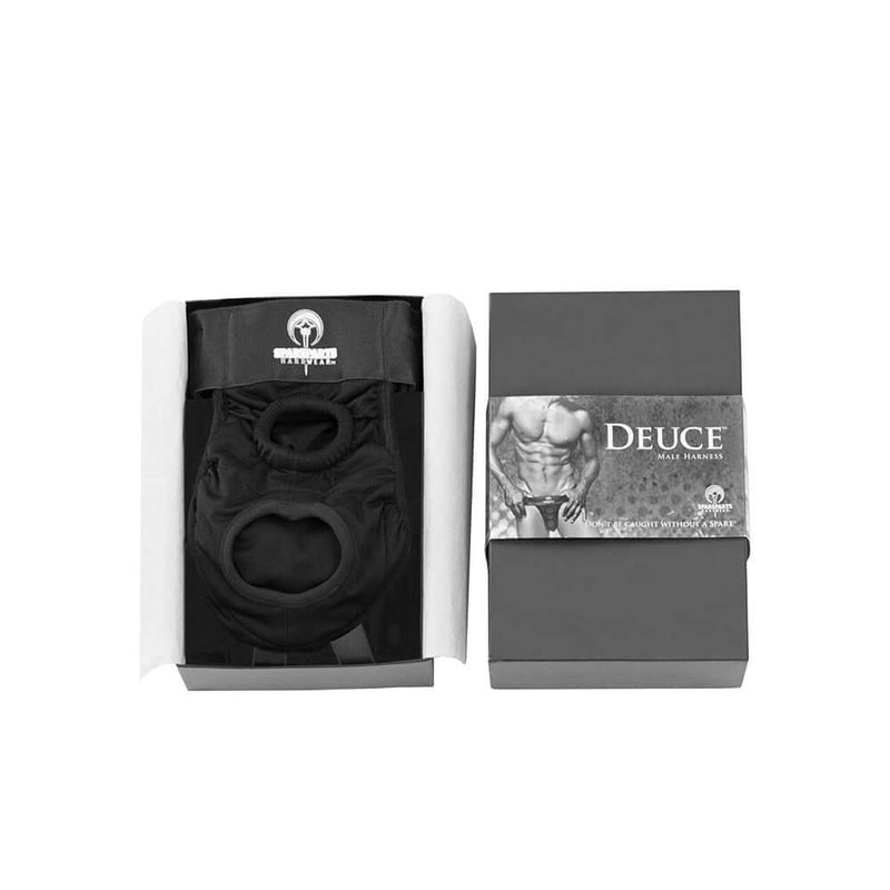 SpareParts Deuce Double Strap Harness Black Size A Regular in packaging on display.