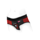 SpareParts Tomboi Nylon Briefs Harness Red Black Size XXS displayed on a model showcasing its athletic cut and sleek design.