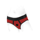 SpareParts Tomboi Nylon Briefs Harness Red Black Size 3XL showcased on a model, highlighting its bold design.