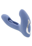 Gender X Flapjack Vibrating Dildo With Clitoral Stimulator Blue, featuring textured shaft and remote control