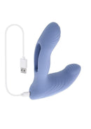 Gender X Flapjack Vibrating Dildo With Clitoral Stimulator Blue with USB charging cable.