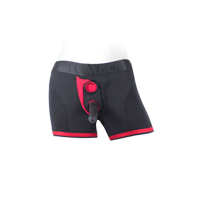 SpareParts Tomboii Nylon Boxer Briefs Harness Black Red Size L on display, featuring a smooth design without chafing.
