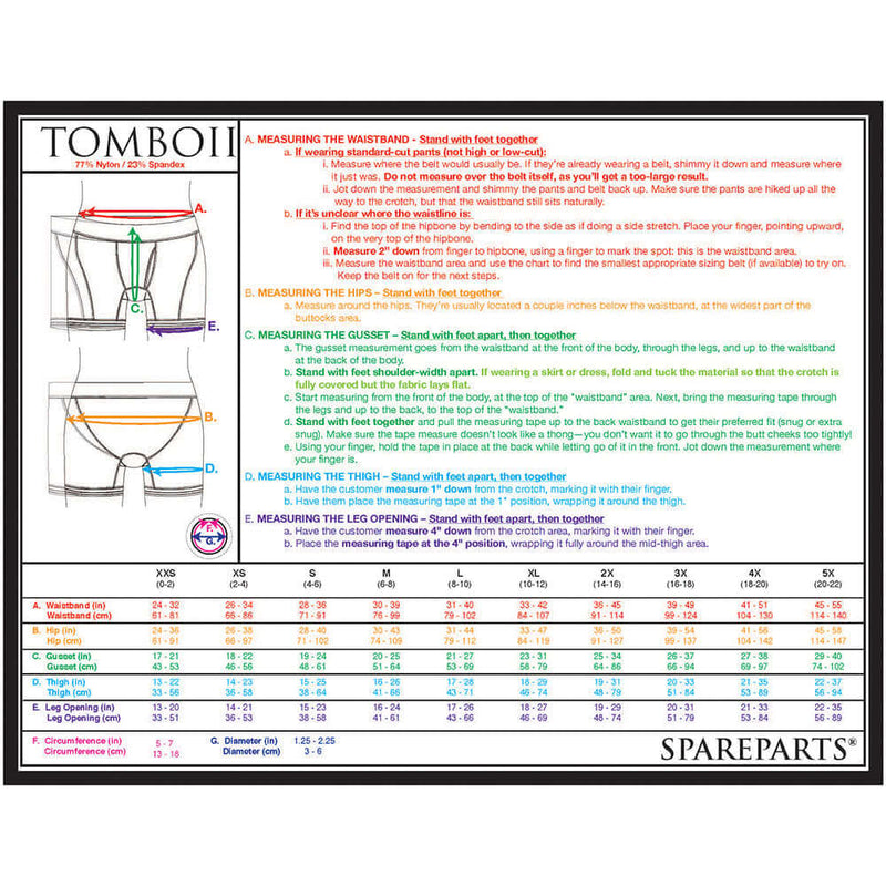Measuring guide for SpareParts Tomboii Nylon Boxer Briefs Harness Black Red Size L with size chart and measurement instructions.