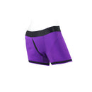 SpareParts Tomboii Nylon Boxer Briefs Harness Purple Size L shown on a mannequin, featuring an athletic cut and bold design.