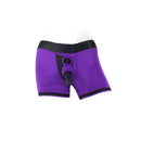 SpareParts Tomboii Nylon Boxer Briefs Harness Purple Size L displayed on a mannequin, showcasing its athletic cut and unique design.