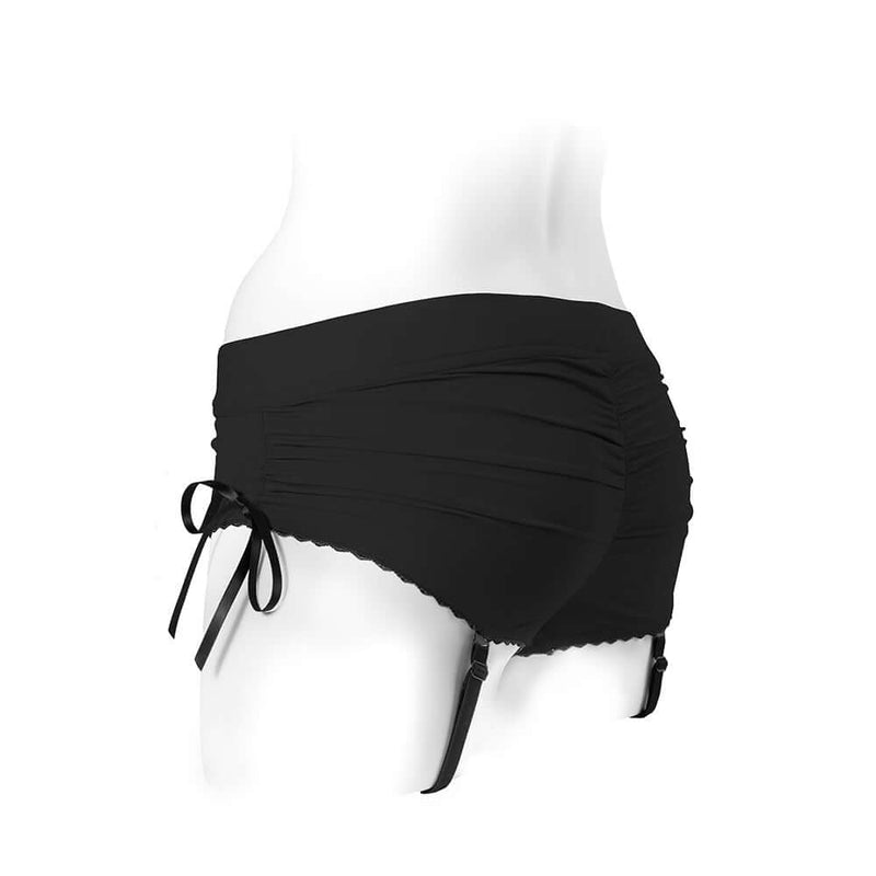 SpareParts Sasha Cinch Booty Short Harness Black Size XS showcasing a body-hugging fit with stylish details.