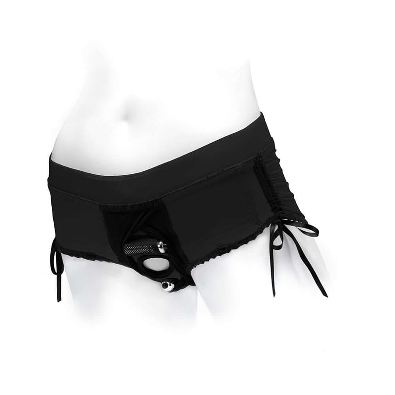 SpareParts Sasha Cinch Booty Short Harness Black Size S features a sultry, body-hugging design with stylish details.