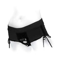 SpareParts Sasha Cinch Booty Short Harness Black Size L showcasing a sleek, comfortable design with drawstrings.