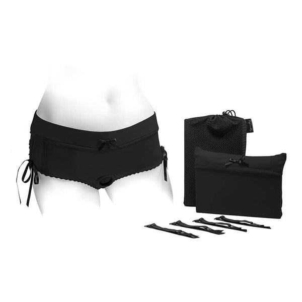 SpareParts Sasha Cinch Booty Short Harness Black Size XL displayed with accessories and pouch.