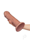 B-Vibe Girth 12 Inch Max Girth Suction Cup Dildo Caramel held in hand, showcasing its realistic design and extra thickness.