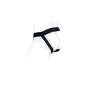 SpareParts Pete Commando Nylon Packing Jock Black Size XL side view on mannequin with dual leg straps.