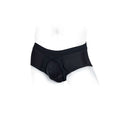 SpareParts Pete Briefs Nylon Packing Underwear Black Size M shown on a mannequin, featuring a contoured pouch design.
