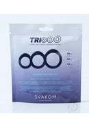 Svakom Triooo Silicone Cock Ring Set 3 Piece Blue packaging featuring three silicone rings of different sizes.