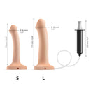 Strap-On-Me Squirting Cum Dildo Small Vanilla dimensions with syringe, showcasing S and L sizes.
