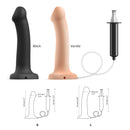 Strap-On-Me Squirting Cum Dildo Small Vanilla and Black comparison image with dimensions.