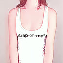 Strap-on-me Squirting Cum Realistic Dildo Large Vanilla model wearing a white tank top with brand logo.