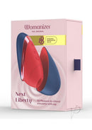 Womanizer Next Liberty Air Clitoral Stimulator Blue Red packaging with 3D Pleasure Air technology design.