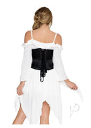 Back view of a model wearing Leg Avenue Steel Boned Satin Waist Cincher Medium Black with a flowing white dress.