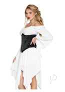 Leg Avenue Steel Boned Satin Waist Cincher Medium Black worn with a white dress, showcasing an hourglass silhouette.