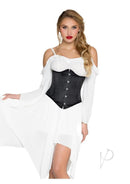 Leg Avenue Steel Boned Satin Waist Cincher Black shown on model in white dress, highlighting its hourglass shaping.