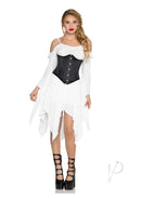 Model wearing Leg Avenue Steel Boned Satin Waist Cincher Black with a flowing white dress and stylish heels.