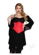 Leg Avenue Steel Boned Satin Waist Cincher Medium Red on model, showcasing a sleek silhouette and dramatic curves.