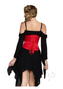 Leg Avenue Steel Boned Satin Waist Cincher Small Red worn with a black outfit from the back showcasing lace-up detail.