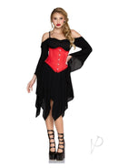 Model wearing Leg Avenue Steel Boned Satin Waist Cincher Small Red with a black dress and strappy heels.