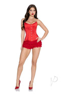 Leg Avenue Steel Boned Satin Corset Large Red worn by model, showcasing a bold and flattering silhouette.