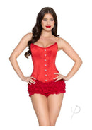 Leg Avenue Steel Boned Satin Corset Small Red modeled by a woman, showcasing a structured fit and smooth satin design.