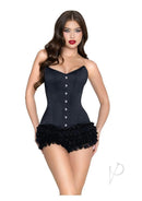 Leg Avenue Steel Boned Satin Corset Large Black on model, showcasing silhouette with lustrous finish.