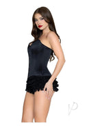 Leg Avenue Steel Boned Satin Corset Large Black worn by model showcasing its elegant silhouette and supportive design.