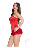 Leg Avenue Steel Boned Satin Corset Medium Red worn by model, showcasing its hourglass silhouette and vibrant red satin fabric.