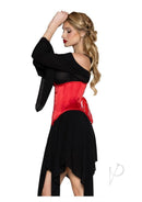Leg Avenue Steel Boned Satin Waist Cincher Red worn elegantly over a black dress, showcasing its sculpting silhouette.